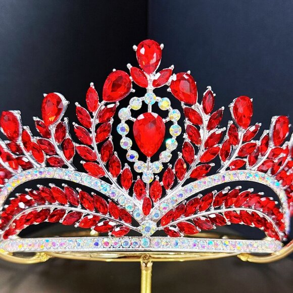 Red Crystal Crown, Quinceanera Crown, Silver Wedding Tiara, Bridal Headpiece main image 3